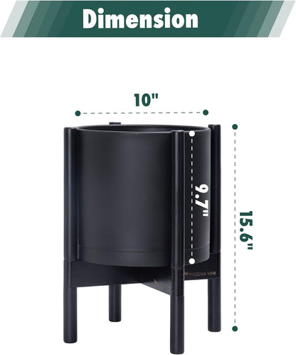 D'vine Dev Planter Pot with Stand - 10 Inch Plastic Cylinder Flower Pot with Wood Planter Holder for Indoor, Matte Black Pot + Ebony Stand, 55-C-N-2