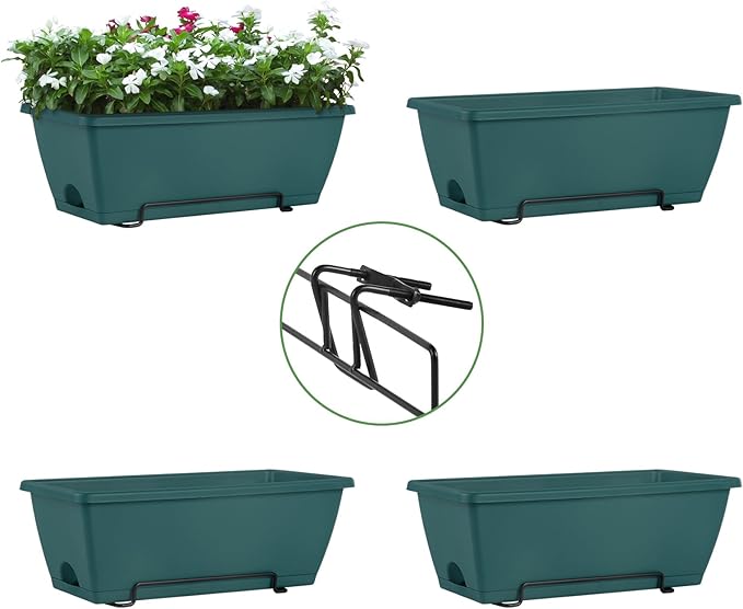 HAITRAL Railing Planter Boxes (16.9 Inch, 4 Pack) Green Plastic Deck Rail Planter for Outdoor Plants, Hanging Window Boxes Planter with Drainage Tray for Over Rail Porch Fence,Balcony & Home Decor