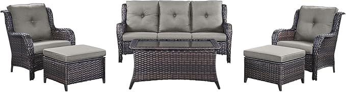 Rilyson Outdoor Patio Wicker Furniture Set - 6 Piece Rattan Patio Conversation Sectional Sofa Set with 1 Couch,2 Armchairs,2 Ottomans and 1 Glass Top Coffee Table for Porch Deck Garden(Brown/Grey)