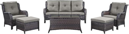 Rilyson Outdoor Patio Wicker Furniture Set - 6 Piece Rattan Patio Conversation Sectional Sofa Set with 1 Couch,2 Armchairs,2 Ottomans and 1 Glass Top Coffee Table for Porch Deck Garden(Brown/Grey)