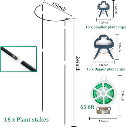 16 Pack 24 inch Plant Support Stakes, Half Round Peony Cage and Support, Adjustable Plant Support Stand with Clips & Twist Tie Garden Stakes for Indoor Outdoor, Heavy Duty Plant Support Ring