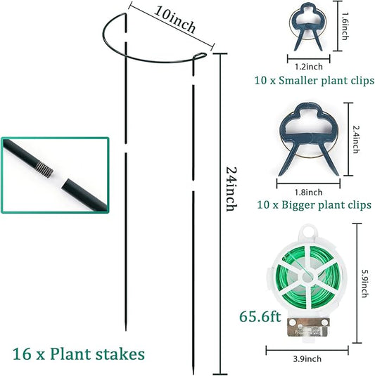 16 Pack 24 inch Plant Support Stakes, Half Round Peony Cage and Support, Adjustable Plant Support Stand with Clips & Twist Tie Garden Stakes for Indoor Outdoor, Heavy Duty Plant Support Ring