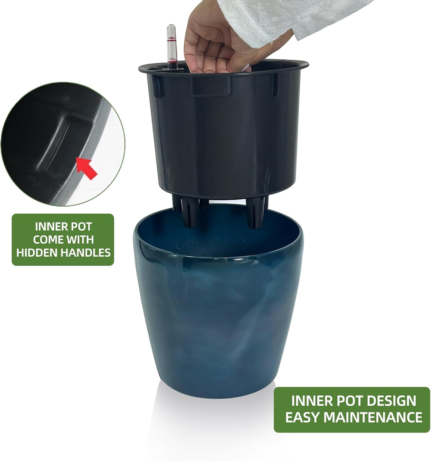 Dexceder 11x10 Inches Self Watering Planter Indoor Outdoor, Inner Pot Design, Thickened Table Flower Plant Pot with Water Level Indicator (Grayish Green Gradient)