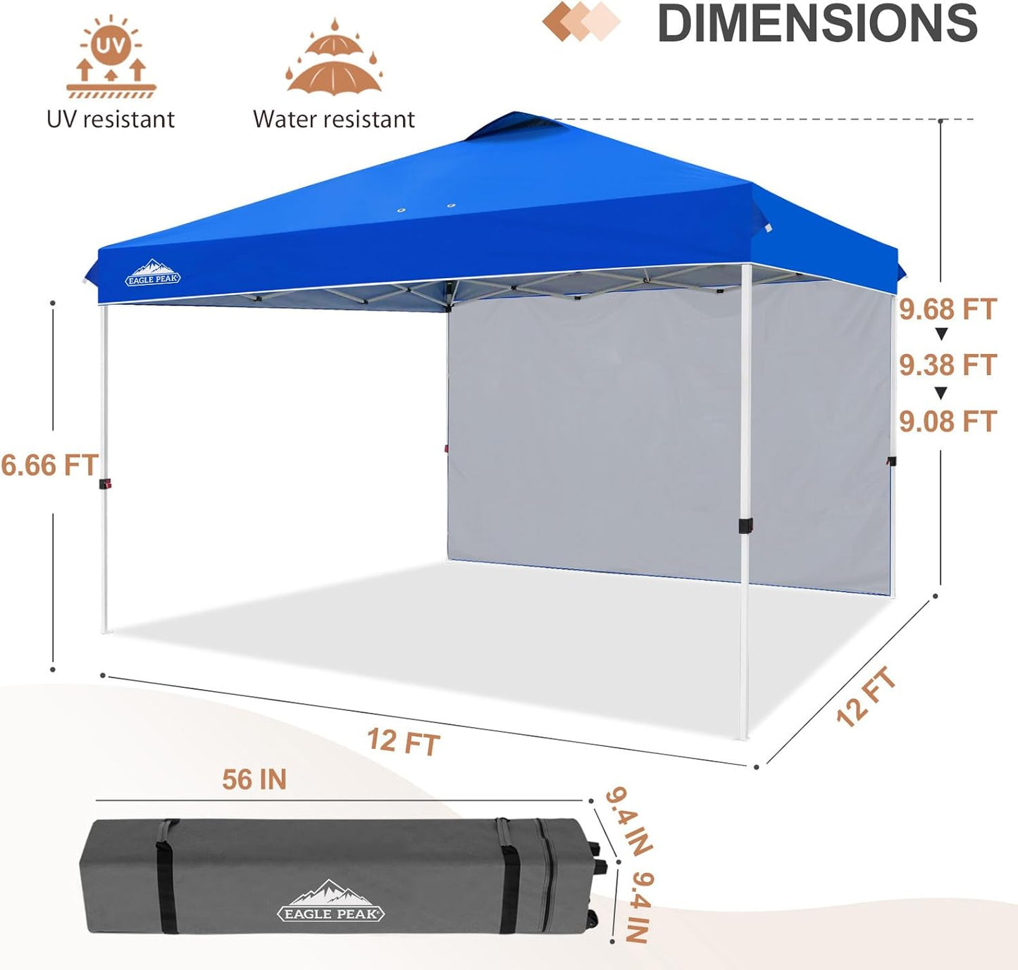 EAGLE PEAK Pop Up Canopy Tent with 1 Sidewall, Easy Setup Event Tent, Outdoor Sun Shade, Wheeled Carry Bag, Stakes and Guy Ropes, Instant Canopy 12x12, Blue