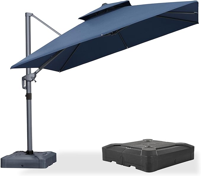 PURPLE LEAF 10 FT Cantilever Patio Umbrella Outdoor Umbrella with 220lbs Base Large Square Windproof Offset Umbrella for Pool Deck Garden, Ocean Slate