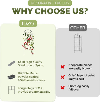 Idzo Decorative Metal Trellis for Climbing Plants Outdoor, Anti-Corrosion Powder Coated Garden Trellis, Sturdy Long Spikes, 48 Inch