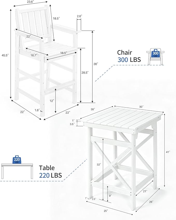 QUASCO 3-Piece Outdoor Adirondack Chairs and Table Sets, HDPE Adirondack Bar Height Chairs Set of 2 and Bar Table, All Weather Outdoor Bar Stools Set for Bistro, Balcony, Poolside, White