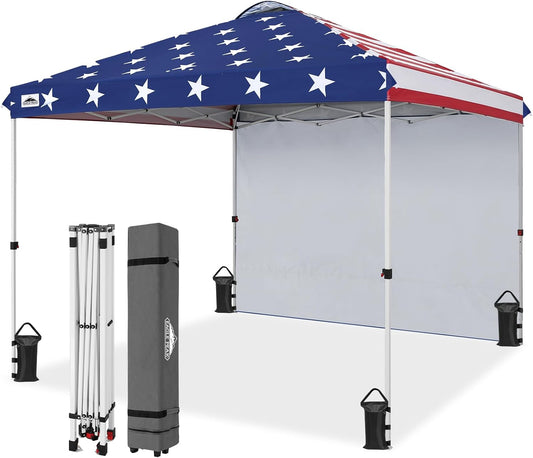 EAGLE PEAK Pop Up Canopy Tent with 1 Sidewall, Easy Setup Event Tent, Outdoor Sun Shade, Wheeled Carry Bag, Stakes and Guy Ropes, Instant Canopy 10x10, American Flag
