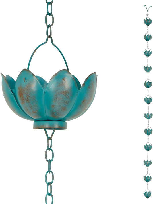 Metal Rain Chain Decoration 8.5FT., Rain Catcher Metal Chain Gutter Downspout 104'' for House Eaves, Garden & Home, Flower Cups Garden Decoration,Lake Blue