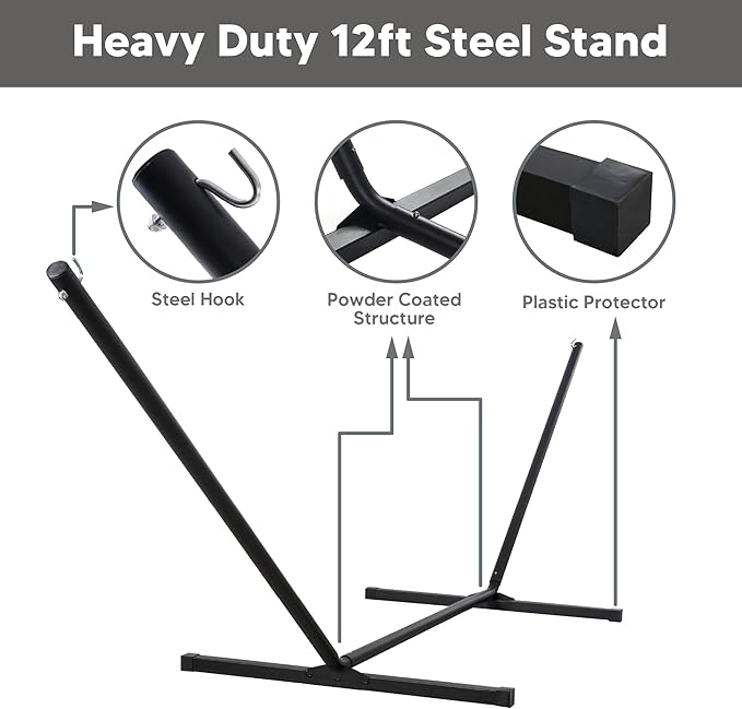 SUNCREAT Double Outdoor Hammock with Stand, Two Person Cotton Rope Hammock with Polyester Pad, Dark Gray