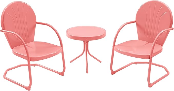 Patio Bistro Set Retro Metal Outdoor Seating Conversation 3 Pieces, 2 C-Spring Motion Armchairs and Round Side Table, for Porch, Lawn, Garden, Pink