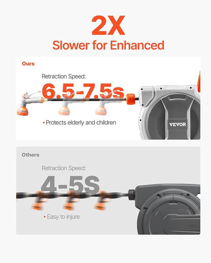 VEVOR Retractable Garden Hose Reel, 1/2 Inch x 65 ft Wall Mounted, Heavy Duty Garden Hose Reel with 9 Patterns Nozzle, Any Length Lock, Upgraded Slow Return System and 180°Swivel Bracket