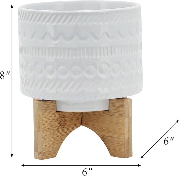 Sagebrook Home Modern Ceramic Planter with Stand - White Stoneware Pot with Bamboo Base - Indoor & Outdoor Decorative Plant Holder - 8" White