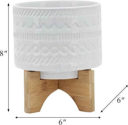 Sagebrook Home Modern Ceramic Planter with Stand - White Stoneware Pot with Bamboo Base - Indoor & Outdoor Decorative Plant Holder - 8" White