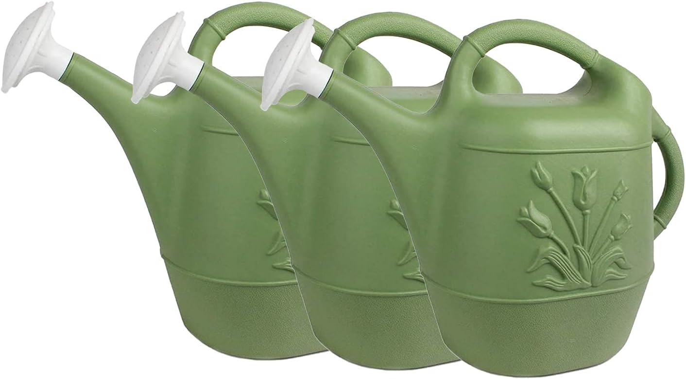 PMU 2 Gallon Watering Can - Garden Watering Can for Indoor & Outdoor Plants - Plastic Water Can with Detachable Sprinkler Head - Large Water Pot, Made in USA - Sage Green Pkg/3