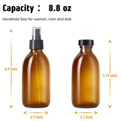 Tecohouse Amber Glass Spray Bottles 8.8 oz, 2 Pack Empty Spray Bottle for Essential Oils, Small Glass Bottles for Cleaning Solutions, Plants, Hair with Durable Nozzle, Labels, Funnel
