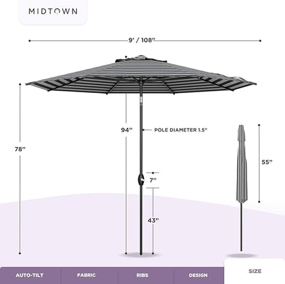 Midtown Umbrellas Sunbrella Umbrella 9 Feet Outdoor Umbrella With Black & White Acrylic Fabric - Auto-Tilt Aluminum Frame Patio Umbrella For Backyard, Deck, Garden, Pool - Black Pole