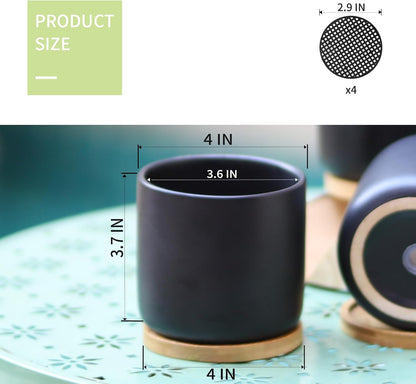 4 Inch Ceramic Plant Pots with Drainage Holes and Trays, Adorable Small Cylinder Flower Planter Pot for Indoor Plants, Succulent, Snake Plants, Cactus & Herbs, Black, Set of 4