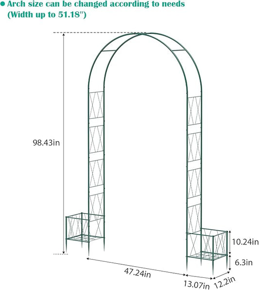 Garden Arch Trellis for Climbing Plants, 8.2 Ft Metal Pergola Arbor with Planter Boxes Outdoor Archway Wedding Arch Backdrop Stand for Halloween Christmas Birthday Party Baby Shower Decoration, Green