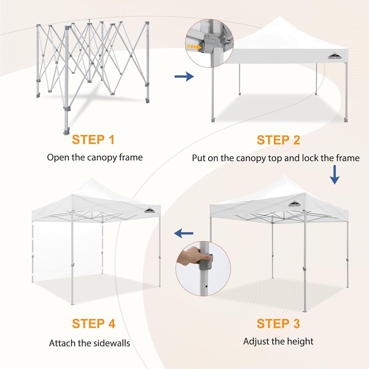 EAGLE PEAK 10x10 Heavy Duty Pop up Commercial Canopy Tent with One Removable Sidewall, Instant Sun Shelter with Roller Bag, 4 Sandbags, White
