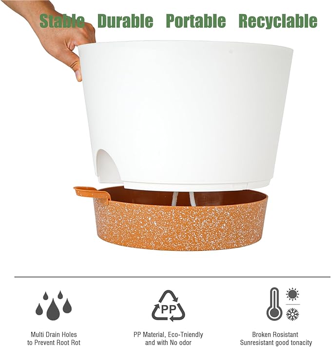 12inch Large Self Watering Plant Pot, Plastic Cylinder Planter with 60Oz Deep Reservoir and Saucer for Indoor Outdoor Plants Flowers Houseplants, White with Brown