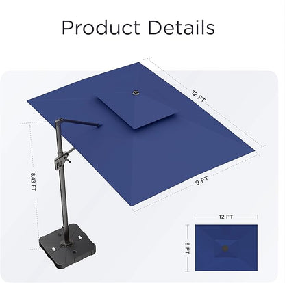 9' X 12' Cantilever Patio Umbrella with Base Included 360°Rotation Rectangular Outdoor Large Offset Umbrellas Double Top Heavy Duty Windproof for Garden Deck Pool, Navy
