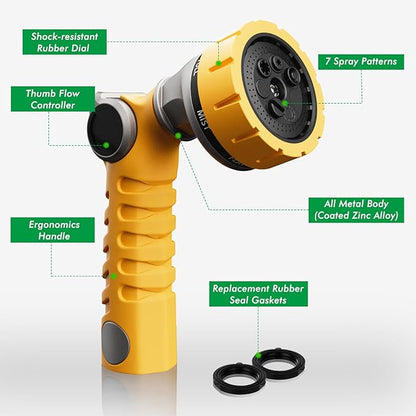 RESTMO Heavy Duty Hose Nozzle, Metal Garden Water Hose Sprayer with 7 Watering Patterns, Thumb Control, On Off Valve, High Pressure Nozzle Sprayer for Watering Plants, Car and Pet Washing, Yellow