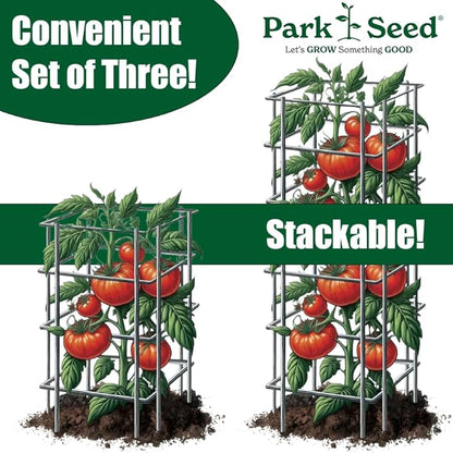Park Seed Tomato Cages – 48" Tall Heavy-Duty Plant Supports for Tomatoes, Peppers, Cucumbers, and Climbing Vegetables, Foldable Metal Garden Trellis, Pack of 3
