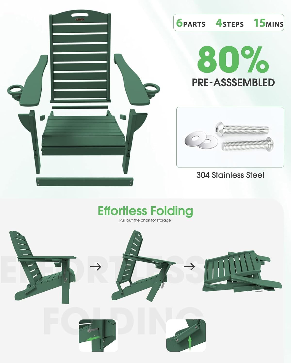 Folding Adirondack Chair HDPE All-Weather Adirondack Chairs with Cup Holder, Outdoor Fire Pit Chairs Lawn Chair for Deck Patio Garden (Green)