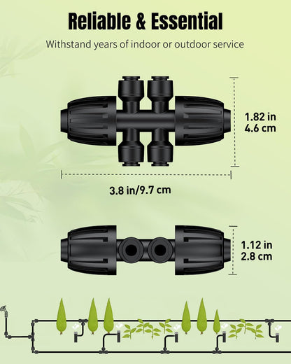 Pawfly 12 Pcs 1/2'' to 1/4'' Drip Irrigation Fittings, Anti-Leak Reducing Tees, Push-to-Fit Drip Irrigation Parts for Garden Lawn, 6-Way Barbed Tee Quick Connectors with Anti-Drop Locked Nuts