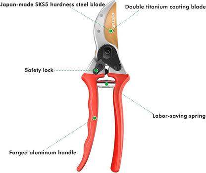 RESTMO 8.6" Professional Pruning Shears, Premium Titanium SKS5 Steel Blade, Forged Aluminum Handles for Durability & Long-Lasting Sharpness, Bypass Pruners for Gardening, Clippers & Scissor Tool