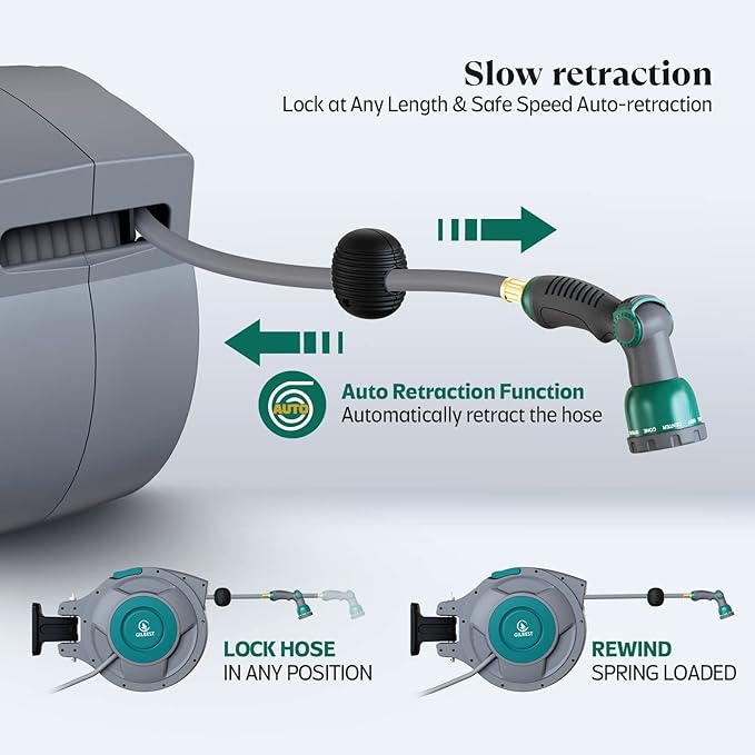 100 ft x 5/8" Retractable Garden Hose Reel, Heavy Duty Water Hose Reel Wall Mounted, Any Length Lock, 180°Swivel, Water Hose with 10-Function Nozzle for Cleaning, Watering (Green)
