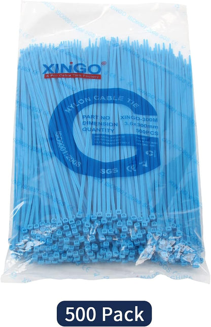 XINGO Nylon Cable Zip Ties Self Locking Plastic Wire Ties with 40 Lbs Tensile Strength for Indoor and Outdoor 12 Inch 500 Pack Blue