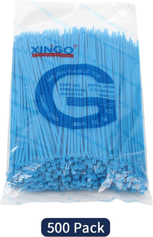 XINGO Nylon Cable Zip Ties Self Locking Plastic Wire Ties with 40 Lbs Tensile Strength for Indoor and Outdoor 12 Inch 500 Pack Blue