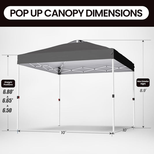 Shades 10x10 Pop Up Canopy with One Push Setup,Heavy Duty Beach Tent with Wheels for Easy Moving, Sun Shelter for Parties,Events, Outdoor Gazebo with 420D Coated Waterproof Grey Fabric