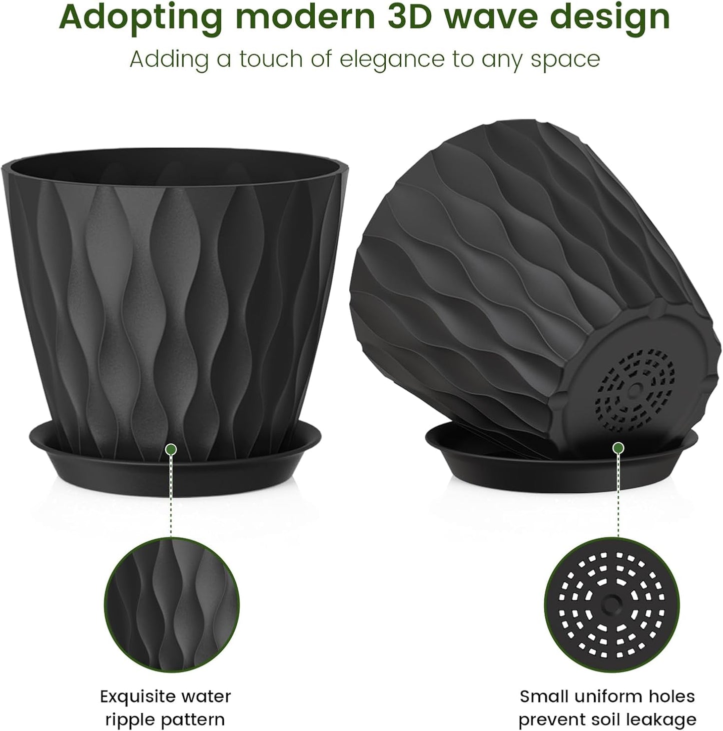 7 inch Plant Pots for Indoor Outdoor Plants, 5 Pack Thick Nursery Pots with Drainage Holes and Saucers, 3D Modern Wave Texture Plastic Planter Pots for Flowers and House Plants, Black