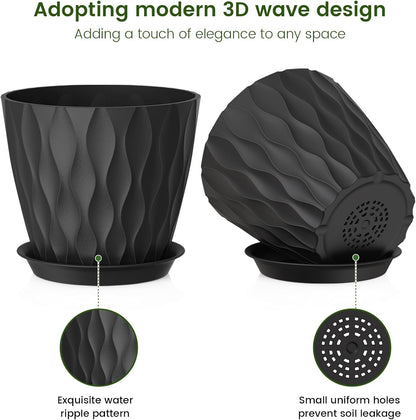 7 inch Plant Pots for Indoor Outdoor Plants, 5 Pack Thick Nursery Pots with Drainage Holes and Saucers, 3D Modern Wave Texture Plastic Planter Pots for Flowers and House Plants, Black