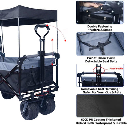Collapsible Wagon Heavy Duty Folding Wagon Cart with Removable Canopy, 4" Wide Large All Terrain Wheels, Brake, Adjustable Handles,Cooler Bag Utility Carts for Outdoor Beach Cart Garden Wagons Carts
