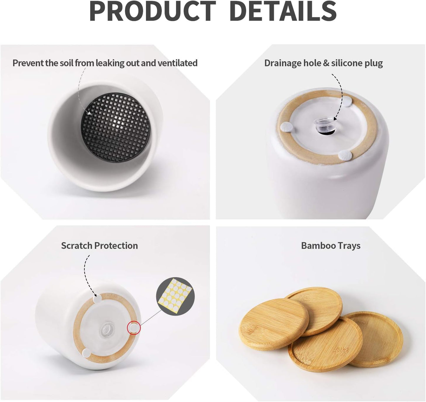 OMAYKEY 4 Inch Ceramic Plant Pot with Saucer, White Planters Pots with Drainage Hole and Mesh Pads for Succulent, Snake, Cactus, Herbs - 4 Packs(Plant Not Included)