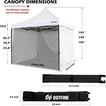 OUTFINE Heavy Duty Canopy 10x10 Pop Up Commercial Canopy Tent with 3 Side Walls Instant Shade, Bonus Upgrade Roller Bag, 4 Weight Bags, Stakes and Ropes (White, 10 * 10FT)