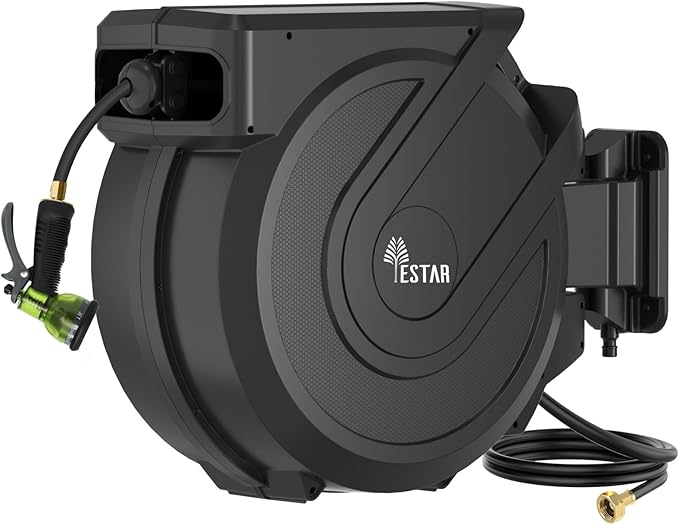Retractable Garden Hose Reel 1/2" x130 ft, Automatic Hose Reel with 7 Pattern Nozzle, Any Length Lock Wall Mounted &180 Deg Swivel