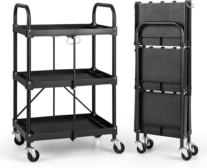 Goplus Folding Utility Cart on Wheels, 250lbs 3-Tier Rolling Tool Cart w/Lockable Casters & Compartments, Fast Fold up Collapsible Metal Service Cart for Office, Garage, Kitchen, Black
