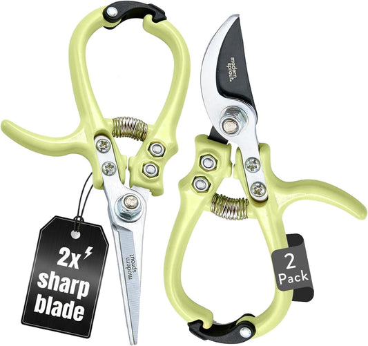 Modern Sprout Hand Pruners & Shears Set - Lightweight Gardening Tools W/Easy Lock - Sharp Carbon Steel Blades -Rust Resistant Scissors for Herbs, Flowers - Reusable Holster - Chartreuse