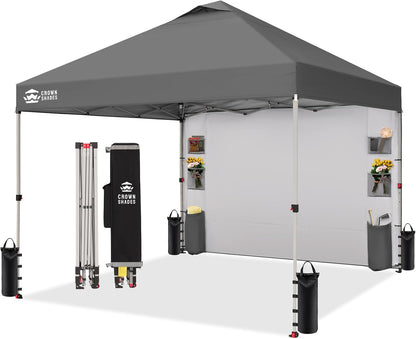 CROWN SHADES Canopy Tent 10x10 Pop Up Canopy Outdoor Shade with Pockets Sidewall, Easy Up Sun Shelter with One Person Set Up Center Lock, Portable Instant Camping Beach Canopy Tents, Grey