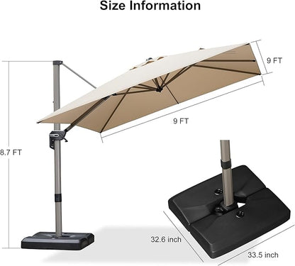 PURPLE LEAF Patio Umbrella with Base Included, 9ft Outdoor Aluminum Cantilever Umbrella with 360° Rotation, Aluminum Large Offset Umbrella for Outdoor Garden Pool, Beige