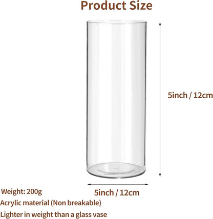 Clear Flower Vase, Non-breakable Vases, 5" W x 5" H, Acrylic Vase, Aesthetic Room Decor Cylindrical Modern Flower Vases for Table Centerpiece, Home Decor, Women Floral Arrangement Gift