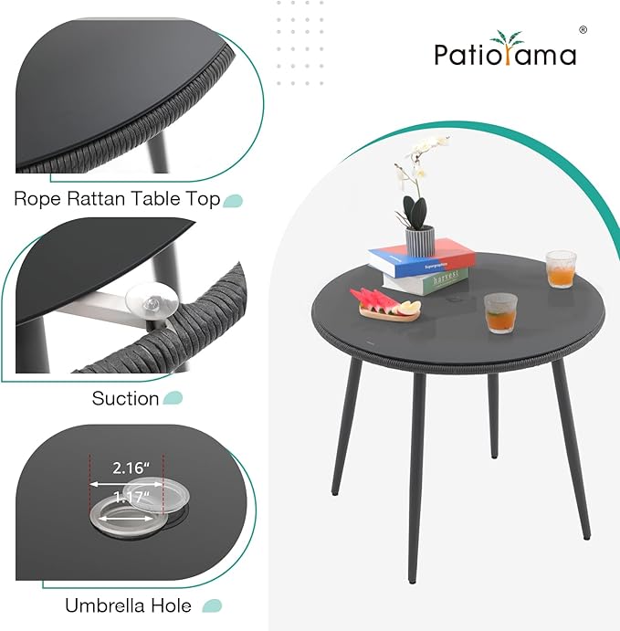 Patiorama 5-Piece Patio Dining Set, Outdoor Dining Table Chair Set, All-Weather Twisted Rattan Wicker Rope Conversation Set, Patio Furniture Set w/Umbrella Hole, 4 Cushioned Chairs&Glass Table(Blue)