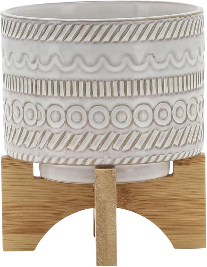 Sagebrook Home Ceramic Planter with Stand - Decorative Stoneware Plant Pot with Bamboo Wood Base - Boho Style Indoor & Outdoor Garden Decor for Home & Office - 8" Ivory & Tan