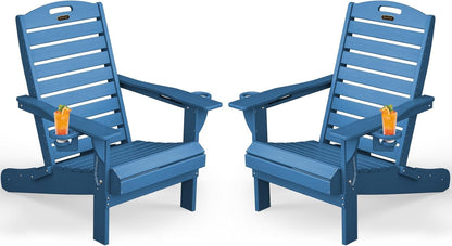 Adirondack Chairs Set of 2, Outdoor Fire Pit Chairs, HDPE All-Weather Adirondack Chairs with Cup Holder, Lawn Chair for Deck, Patio, Garden (NavyBlue)