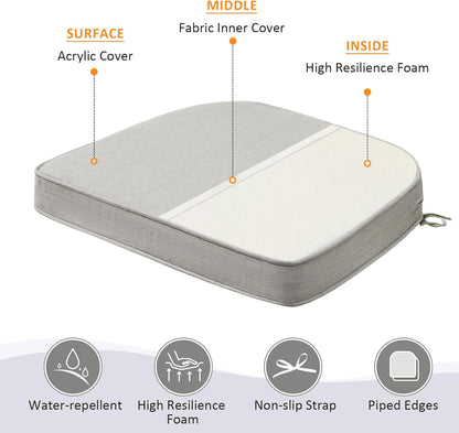 Sunbrella Round Corner Seat Cushions, 17" x 16" x 2", Set of 4, Indoor Outdoor Water Repellent Universal Chair Pads with Ties for Patio Furniture, Garden Dining Chairs, Specrtum Pebble